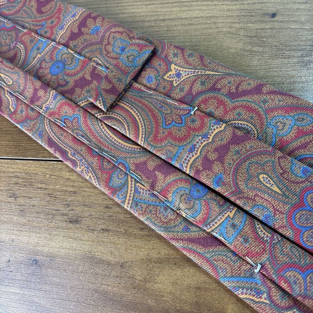 Robert Jensen Mens Silk Necktie Burgundy Red Blue Gold Paisley Pattern Italian - Picture 4 of 8